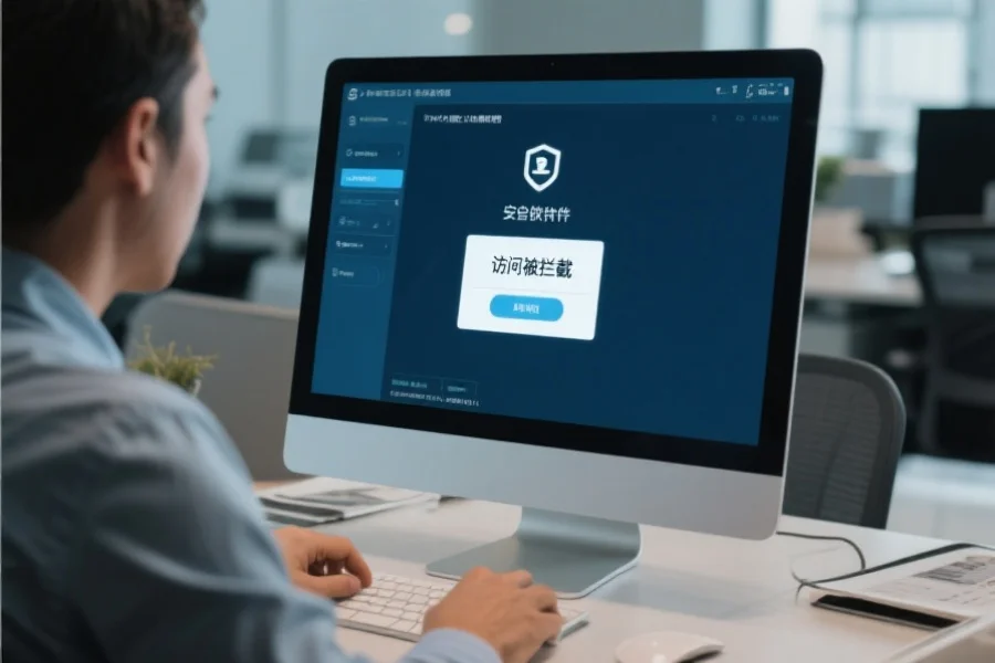 办公环境中，一位用户正在电脑上调整安全软件设置，屏幕上显示“访问被拦截”提示